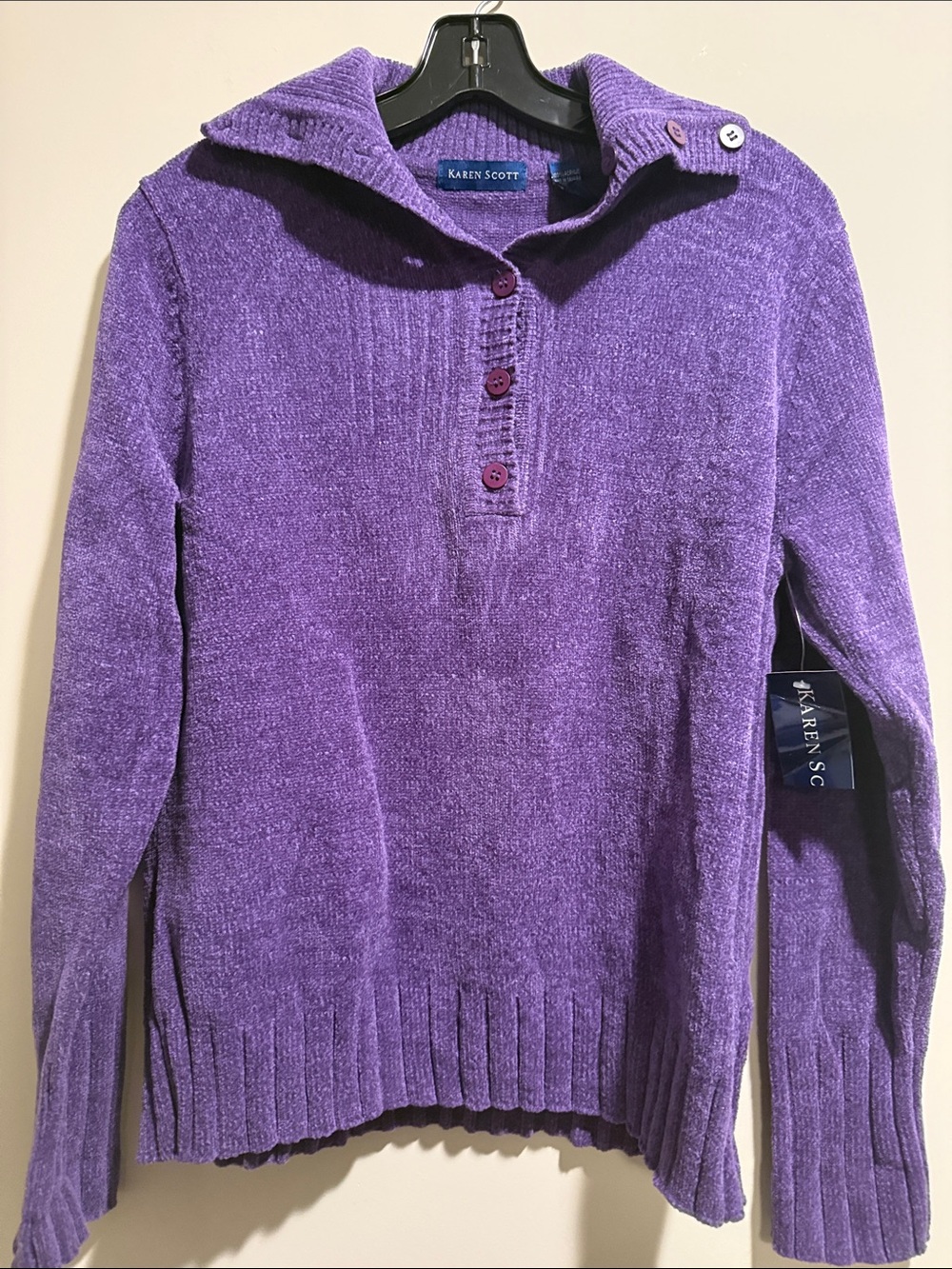 Karen Scott Violet Chenille Button Mock Collar Sweater